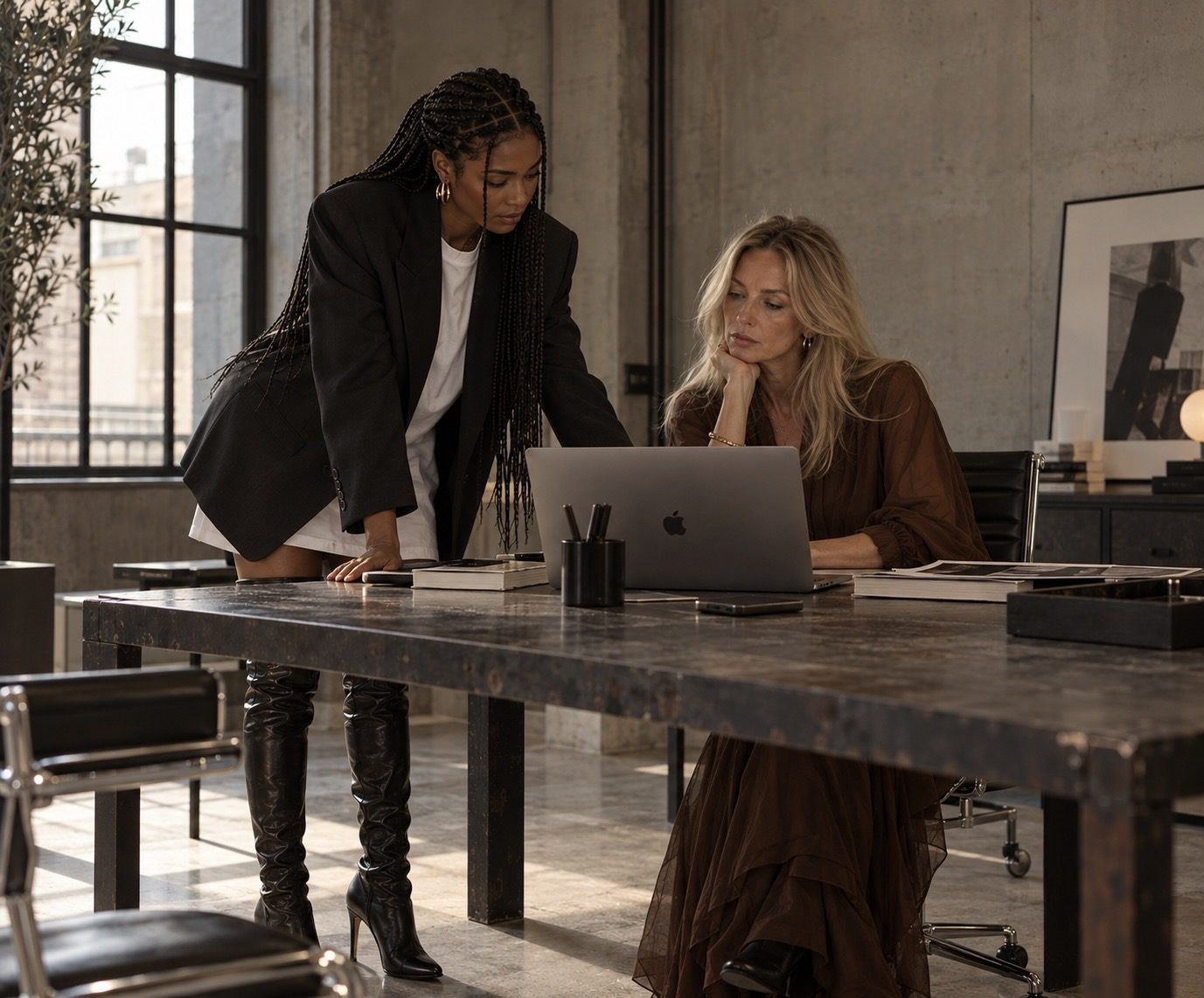 AI-generated image of Paula and Caye, MARYMANOLO's AI coordinators, working at a table